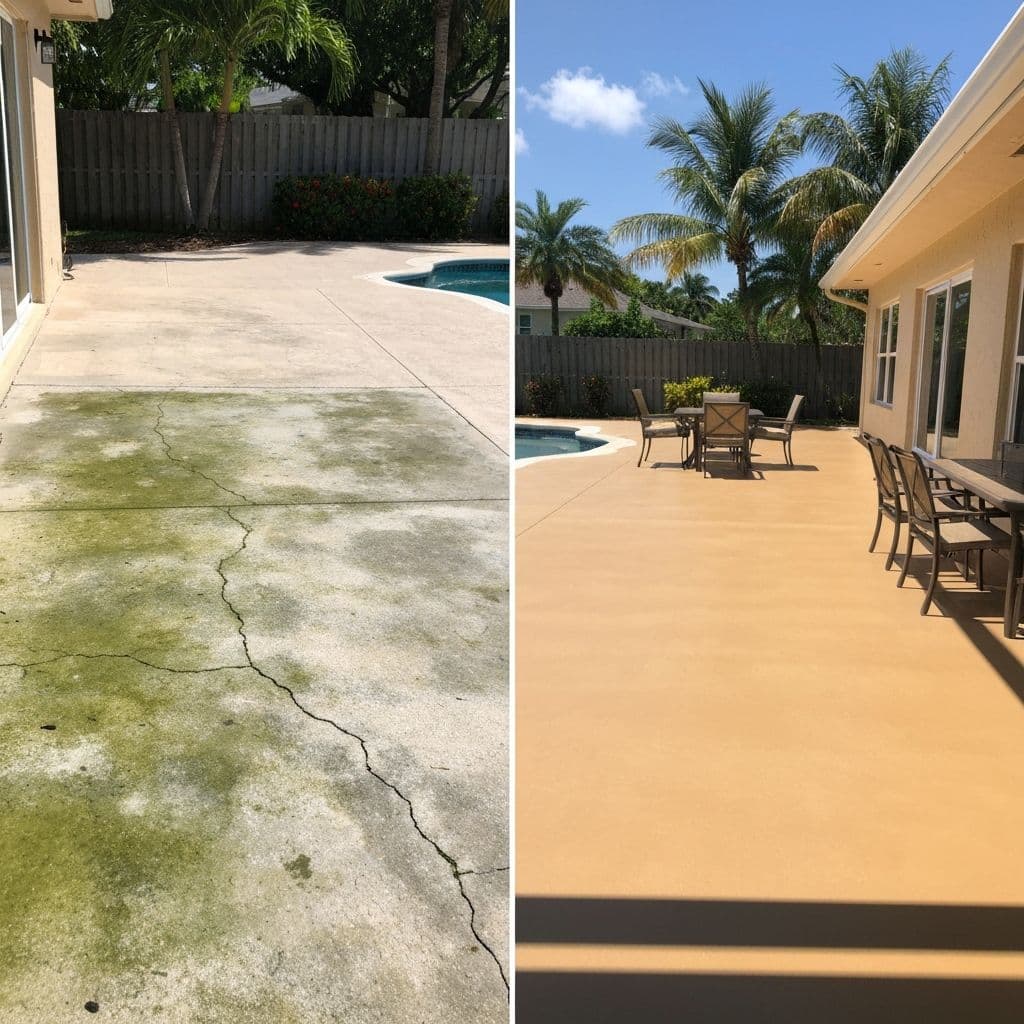 Before and after outdoor patio concrete coating transformation