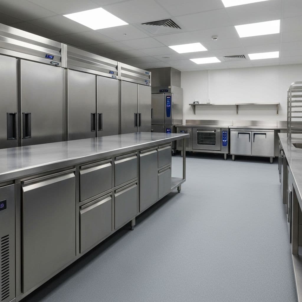Professional anti-slip epoxy coating in a commercial kitchen