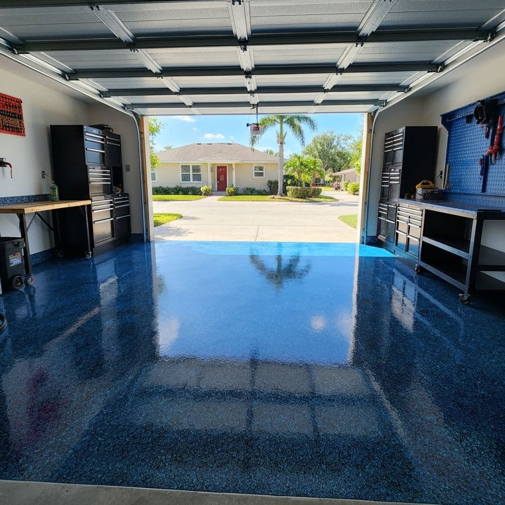 Completed three-car garage with charcoal and blue flake epoxy floor