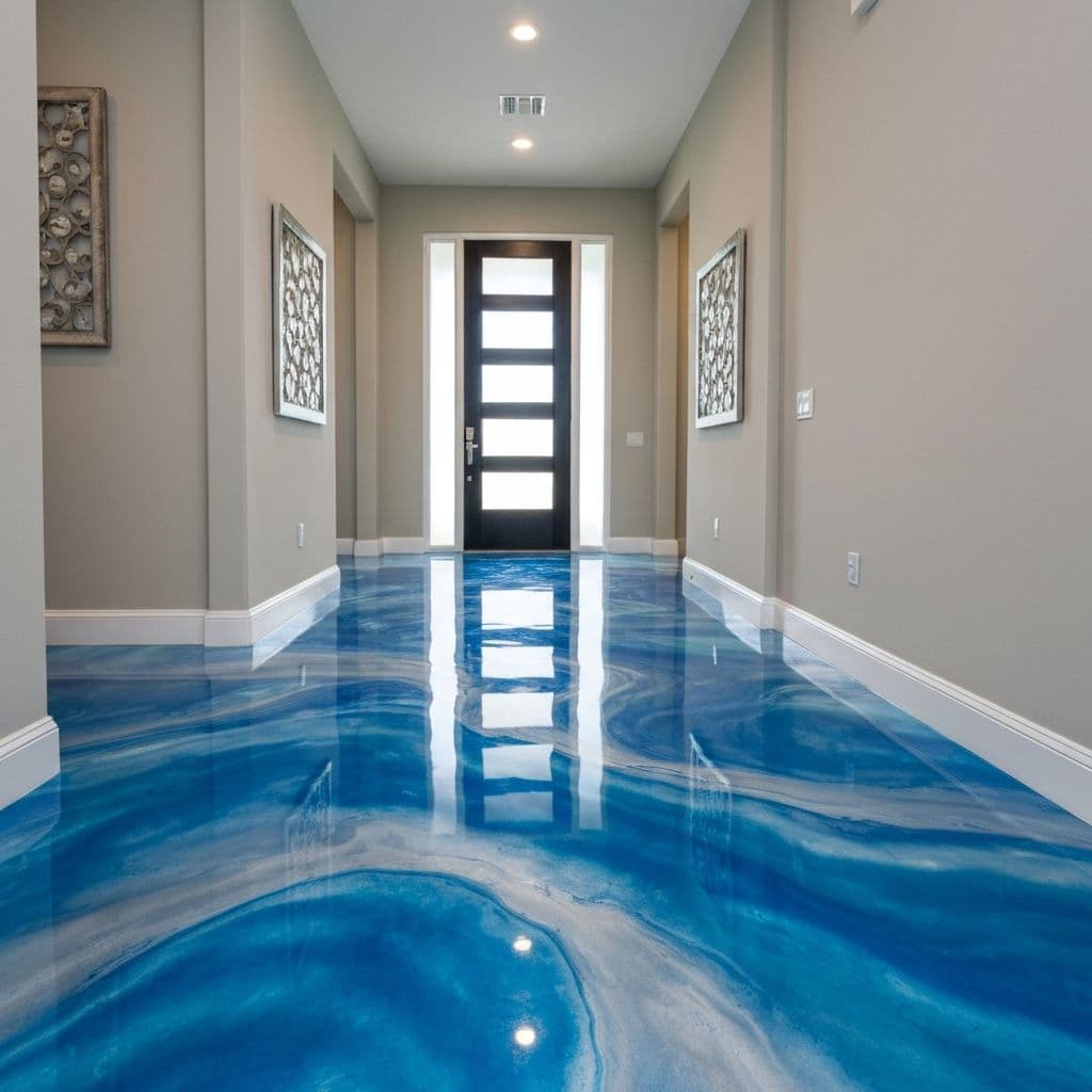Luxury metallic epoxy floor with ocean blue and silver tones