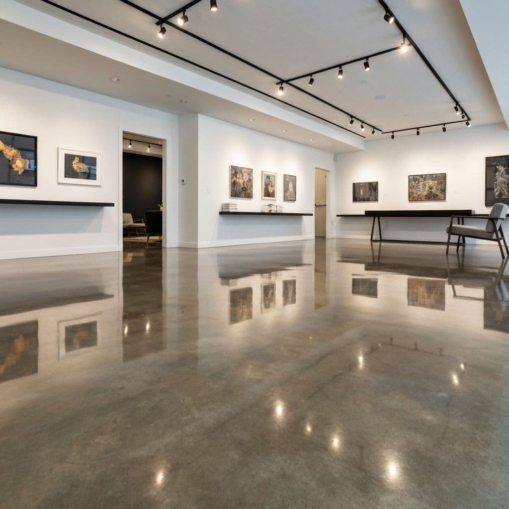 Mirror-finish polished concrete floor in a modern retail space